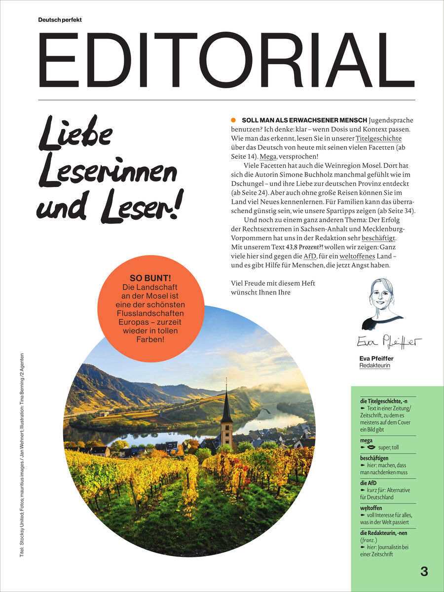 Magazinseite „EDITORIAL“ von Deutsch perfekt. Große schwarze Überschrift, links handschriftlich „Liebe Leserinnen und Leser!“. Orangefarbener Kreis mit Hinweis auf die nächste Ausgabe. Unten ein rundes Foto mit herbstlicher Alpenlandschaft, Dorf und Kirchturm am See; rechts Editorialtext, Porträt und grüne Infobox.
