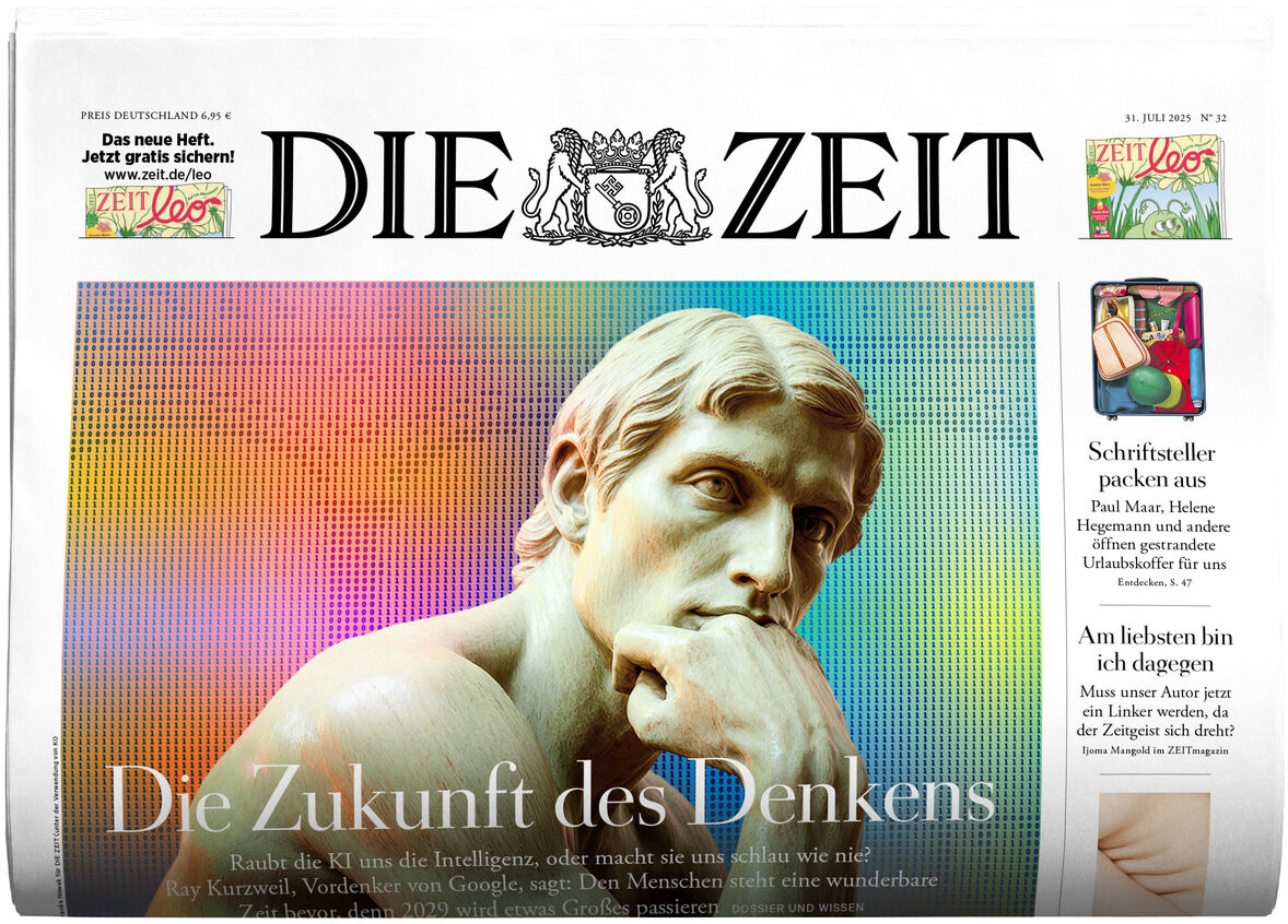 Titelseite der Zeitung DIE ZEIT Ausgabe 32/2025 mit dem Schwerpunkt 'Die Zukunft des Denkens'. Im Zentrum steht eine berühmte Statue vor einem regenbogenfarbenen Hintergrund. Auf der rechten Seite befinden sich weitere Artikelhinweise und kleinere Illustrationen. Das Erscheinungsbild ist modern und künstlerisch gestaltet.