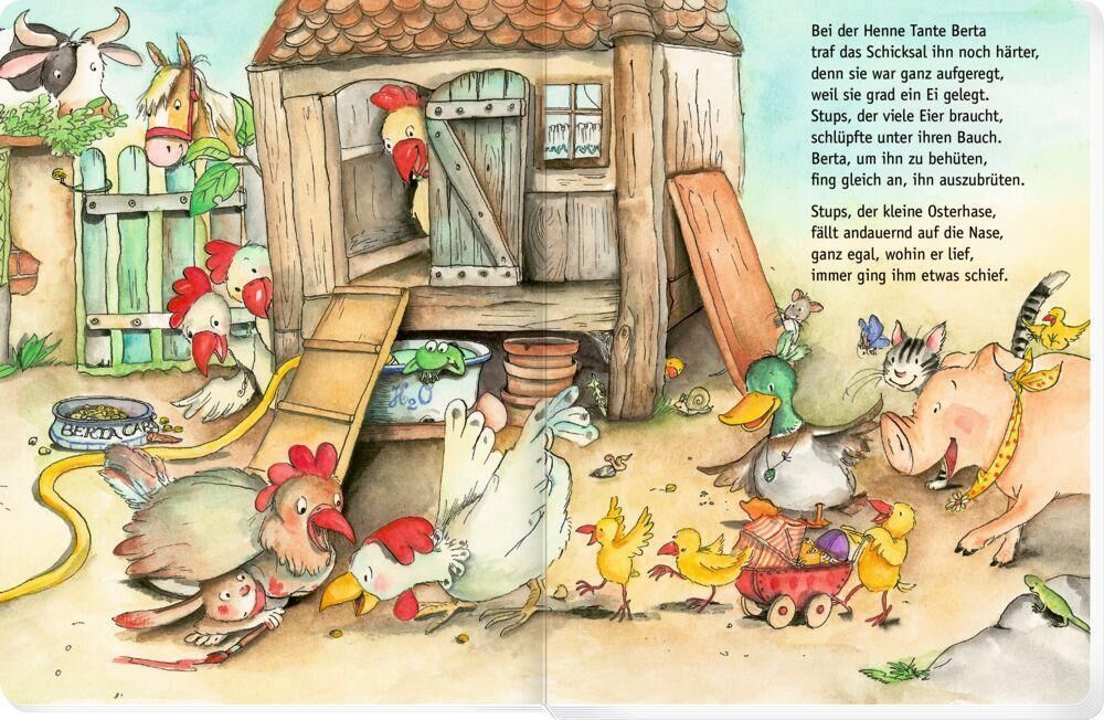 Illustration aus einem Kinderbuch, das einen Bauernhof zeigt. Verschiedene Tiere wie Hühner, Küken und ein Hase namens Stups sind zu sehen. Einige Hühner sind aufgeregt über ein neues Ei. Es gibt fröhliche Farbtöne wie Grün, Gelb, Rot und Braun. Perfekt für Ostern und Frühling.