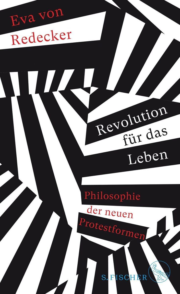 Buchcover von 'Eva von Redecker: Revolution für das Leben' mit stark kontrastierenden Schwarz-Weiß-Grafiken und rotem Text.