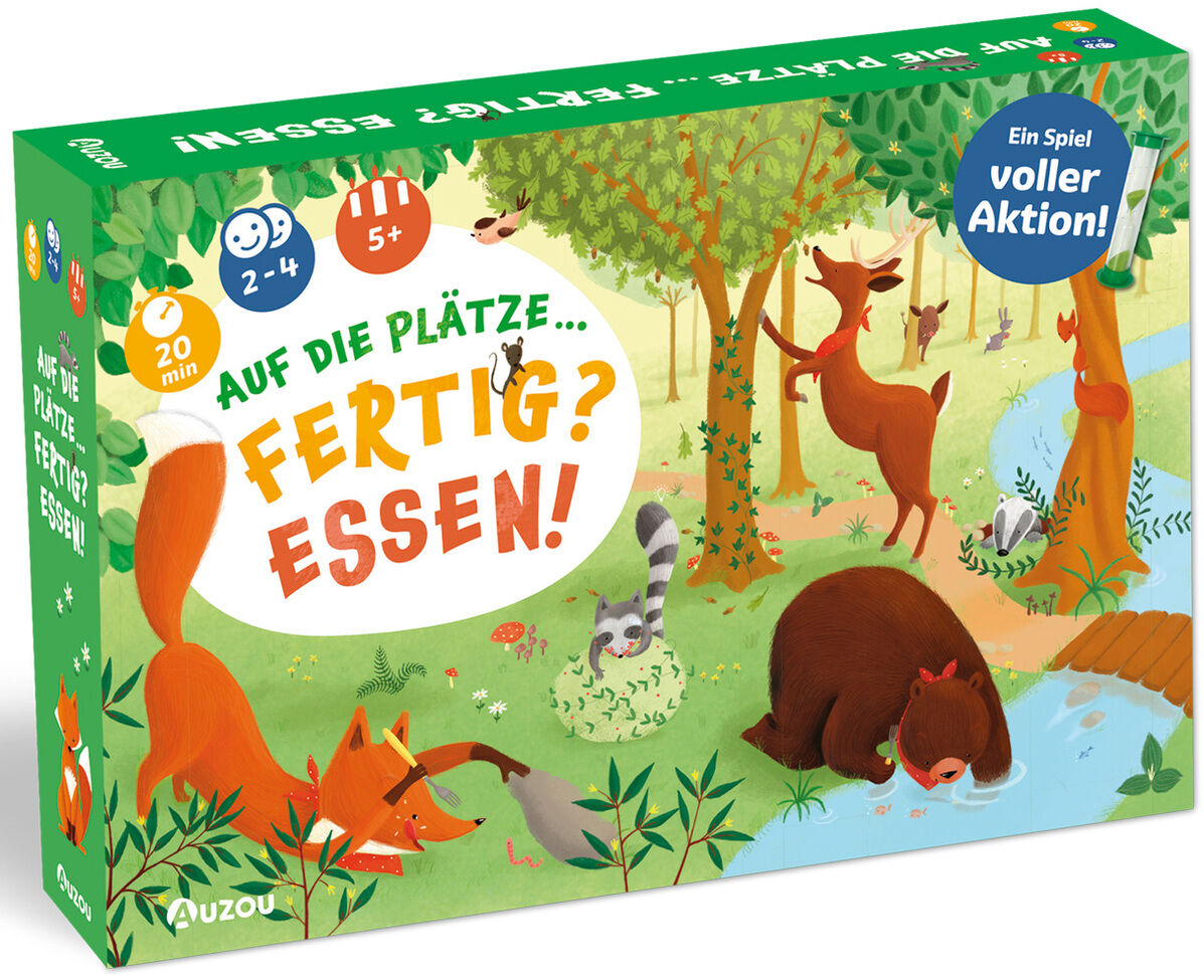 Die Verpackung des Brettspiels »Auf die Plätze! Fertig? Essen!« zeigt eine farbenfrohe Waldszene mit illustrierten Tieren wie einem Fuchs, einem Bär, Rehen und weiteren Waldbewohnern. Im Vordergrund stehen der Titel des Spiels und verschiedene Symbole, die auf die Spieldauer, das empfohlene Alter und die Spieleranzahl hinweisen.