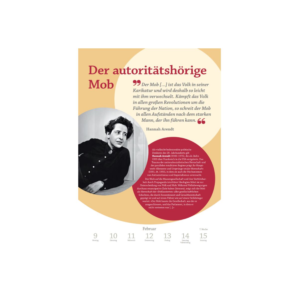 Kalenderblatt des »Philosophie« Kalenders 2026 mit einem Zitat von Hannah Arendt. Das Bild zeigt ein Porträt von Hannah Arendt und enthält Text über den autoritätshörigen Mob. Die dominierenden Farben sind Rot, Beige und Schwarz.