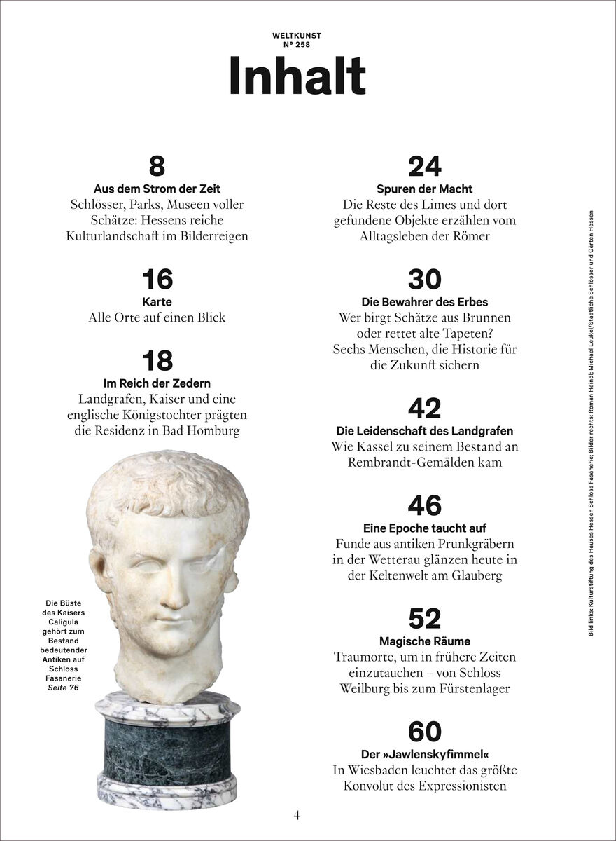 Detailliertes Inhaltsverzeichnis des Magazins WELTKUNST 258/26 Sonderheft Hessen mit schwarz-weißer Büste unten links. Schwarzer Text auf weißem Grund, Themen wie Schlösser, Römer, Erben, Epoche, Rembrandt, magische Räume werden genannt.