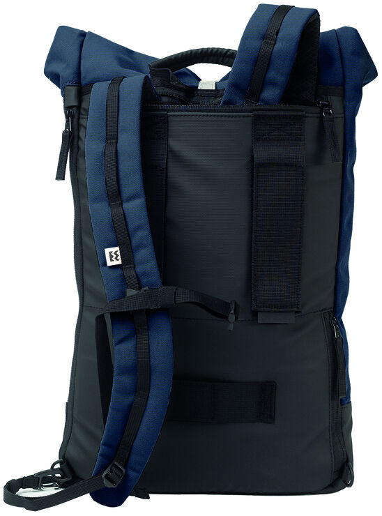 Blau-schwarze Fahrradtasche »Annecy« mit Schultergurten und reflektierenden Streifen. Die Tasche bietet mehrere Fächer und ist aus robustem, wasserdichtem Material gefertigt. Perfekt für Radtouren, Camping und den täglichen Pendelverkehr.