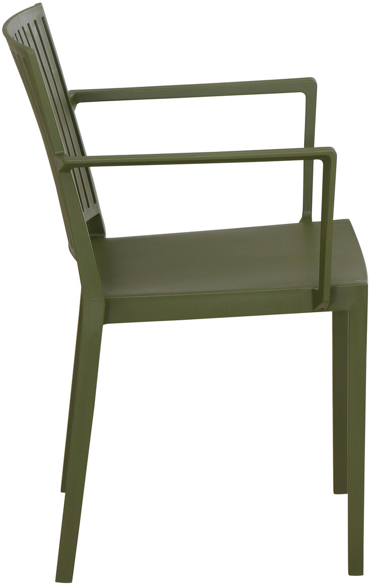 Ein moderner, grüner Stapelstuhl aus Metall mit Armlehnen, ideal für den Einsatz im Freien.