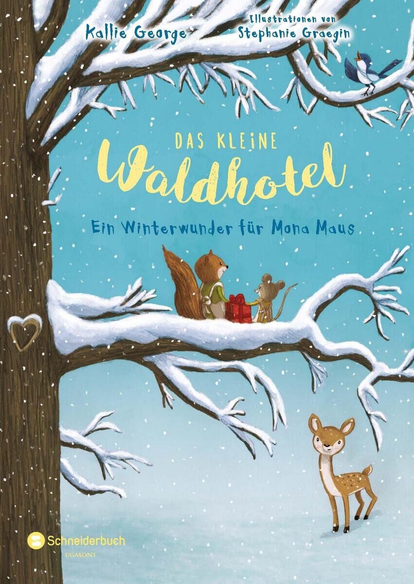 Buchcover des Kinderbuchs 'Das kleine Waldhotel, Band 02: Ein Winterwunder für Mona Maus', illustriert von Stephanie Graegin. Es zeigt eine verschneite Baumlandschaft mit einem Eichhörnchen und einem Reh auf einem Ast, während es Geschenke hält. Der Hintergrund ist hellblau.