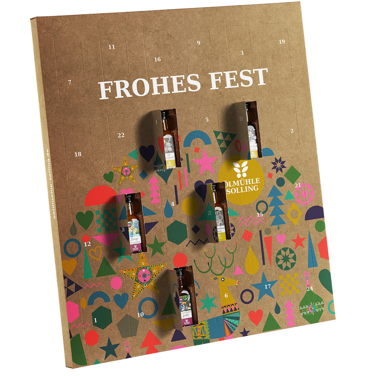 Adventskalender aus Karton mit der Aufschrift 'Frohes Fest', gestaltet in bunten weihnachtlichen Farben, mit dekorativen grafischen Elementen und kleinen Fläschchen in sichtbaren Türchen. Das Produkt eignet sich als Geschenk oder Dekoration für die Adventszeit und Weihnachten.