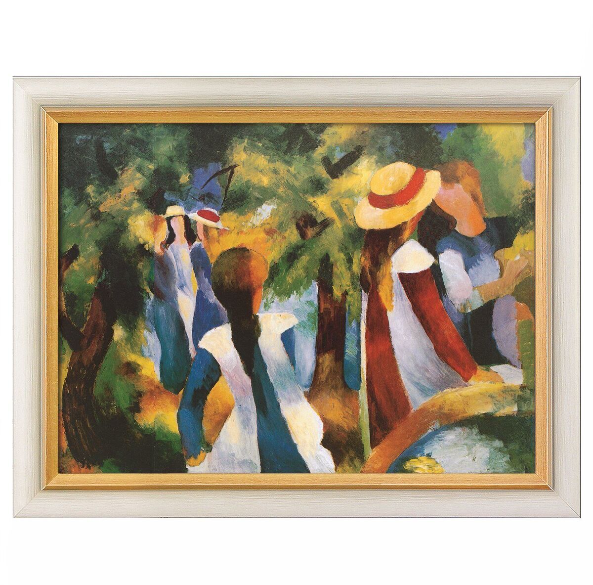 Gemälde von August Macke aus dem Jahr 1914 mit dem Titel »Mädchen unter Bäumen«. Das Bild zeigt eine Gruppe von Mädchen in farbenfroher Kleidung unter grünen Bäumen in einer sommerlichen Landschaft.