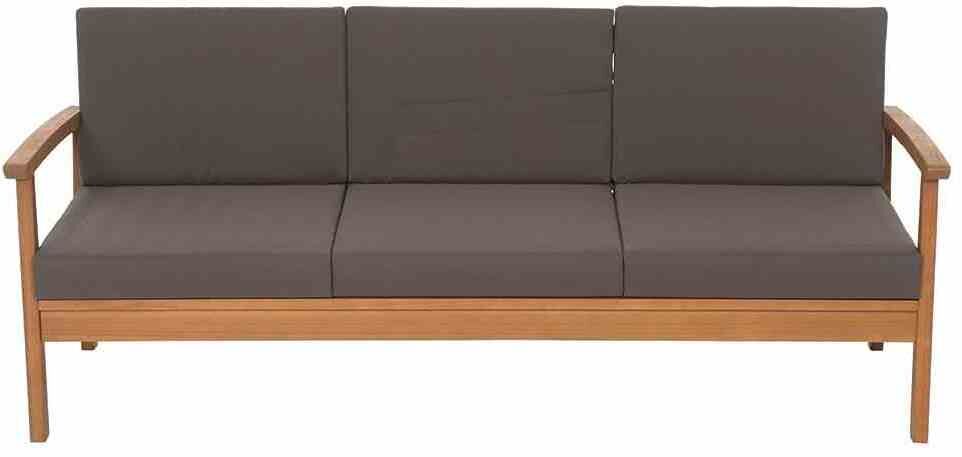 Das Bild zeigt ein vierteiliges „Tavira Lounge Set“. Es besteht aus einer eleganten Gartenbank mit Holzrahmen und dunkelgrauen Polsterkissen, geeignet für den Außenbereich.