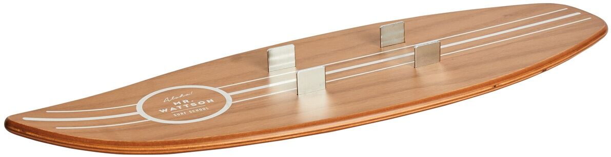 Bild eines Surfboards von 'Mr. Wattson', aus Holz mit weißen Akzenten.