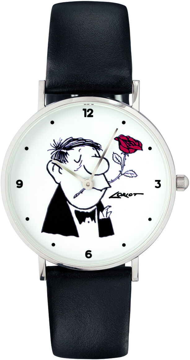 Eine Künstler-Armbanduhr mit dem Motiv 'Loriot - Der Rosenkavalier', zeigt eine Karikatur eines eleganten Herren mit einer Rose, umrahmt von einem schwarzen Lederarmband.