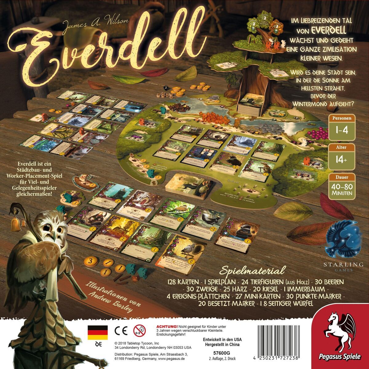 Das Bild zeigt das Brettspiel 'Everdell' von Pegasus Spiele. Zu sehen sind Spielmaterialien wie Karten, Spielbrett, Figuren und weitere Komponenten, alles im Fantasy-Wald-Thema mit Tieren und mittelalterlichen Elementen. Das Spiel richtet sich an 1-4 Spieler ab 14 Jahren und dauert etwa 40-80 Minuten.