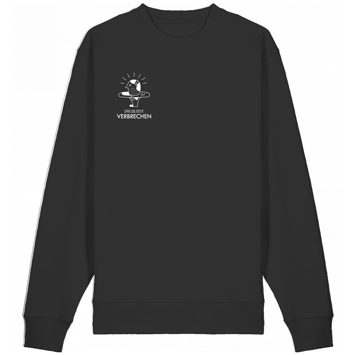 Schwarzer ZEIT-Verbrechen Sweater mit weißem Print auf der linken Brust, der eine Lupe und das Logo des True-Crime-Podcasts zeigt. Der Pullover ist langärmelig und im lockeren Streetwear-Stil gestaltet.