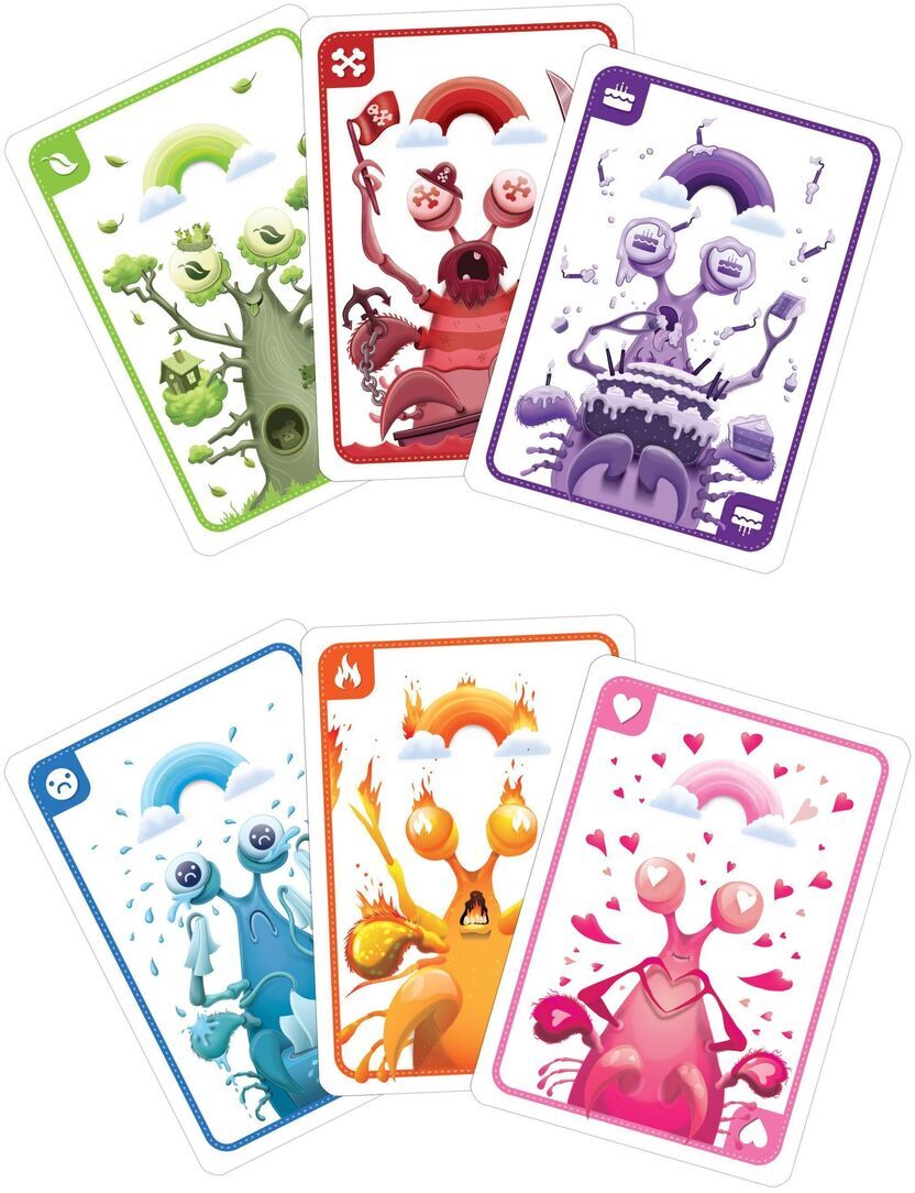 Mehrere bunte Spielkarten des Spiels 'Mantis' mit cartoonartigen Kreaturen in verschiedenen Farben sind zu sehen.