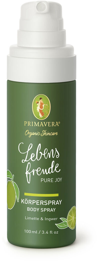Das Bild zeigt ein grünes Körperspray aus der Serie »Lebensfreude« von Primavera. Die Flasche hat eine weiße Kappe und enthält eine Mischung aus Limette und Ingwer Extrakten. Der Schriftzug lautet „Primavera Organic Skincare“ und „Lebensfreude Pure Joy Körperspray“.