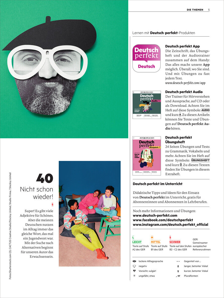 Cover der Deutsch perfekt Magazin 12/2024 Sonderausgabe mit einer kreativ gestalteten Grafik eines Mannes mit Brille und Baskenmütze auf grünem Hintergrund. Daneben verschiedene Informationen über Inhalte der Ausgabe, darunter Sprachübungen und Kulturthemen. Verschiedene Farben wie Grün, Weiß, Schwarz, Rosa und Gelb sind präsent.
