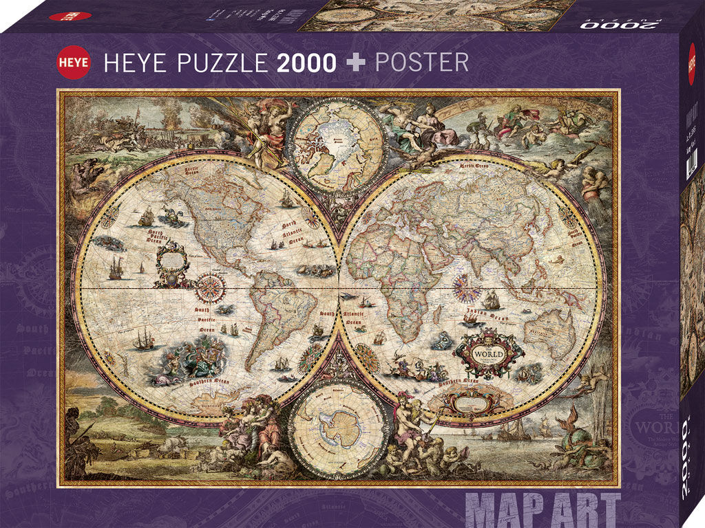 Abgebildet ist ein 2000-teiliges Puzzle mit einer kunstvollen, antiken Weltkarte als Motiv, eingerahmt von einem lilafarbenen Karton. Die Karte enthält historische Details, Tiere und Ornamente. Im Lieferumfang ist ein Poster enthalten.