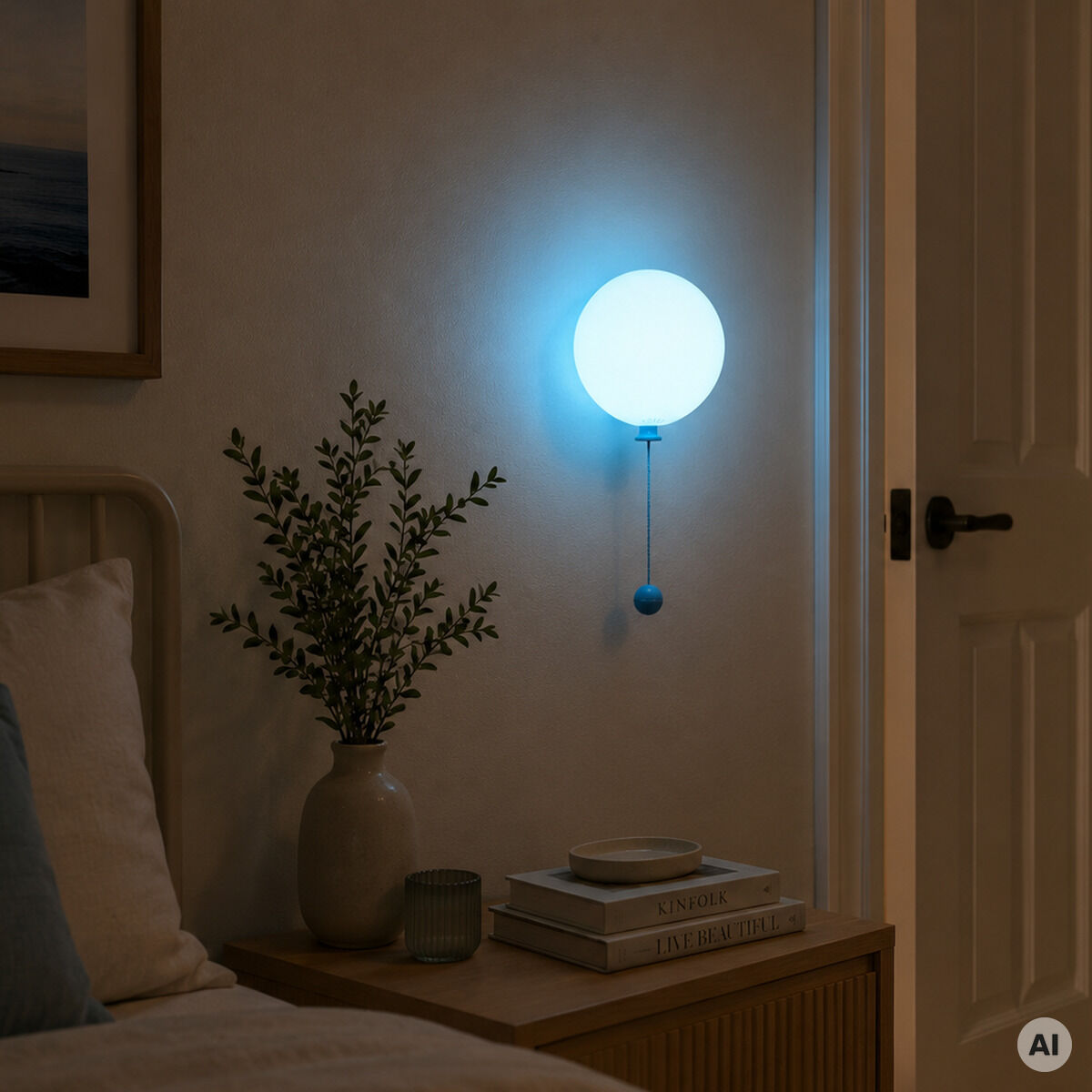 Die Leuchte »Mimo Ballon« von Gingko Design Ltd ist an einer Wand über einem Nachttisch montiert. Sie leuchtet in hellem Himmelblau (Farbe: sky mist). Das Schlafzimmer wirkt gemütlich mit Bett, Pflanze, Büchern und dezenten Dekorationen in hellen Naturtönen.