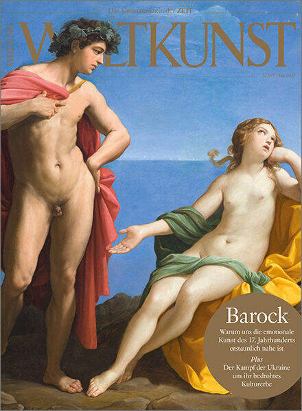 Das Titelbild der Zeitschrift WELTKUNST 198 von 2022 zeigt ein barockes Gemälde mit einer mythischen Szene: zwei nackte Figuren vor einem blauen Himmel. Eine Frau sitzt und schaut zu einem stehenden Mann auf, beide umhüllt von roten und grünen Tüchern.