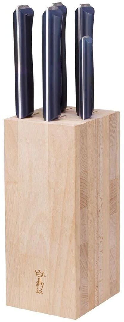 Messerblock »INTEMPORA« mit vier Edelstahlküchenmessern, die in einem hellen Holzblock stecken, mit schwarzen ergonomischen Griffen.