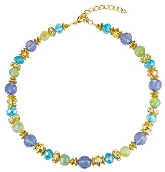 Das Bild zeigt ein Collier der Designerin Petra Waszak mit dem Namen 'Kornblume'. Die Halskette besteht aus abwechselnd runden und facettierten Perlen in Blau-, Grün- und Türkistönen sowie goldfarbenen, metallischen Elementen. Die Kette ist aufwendig gestaltet und vermittelt einen eleganten, künstlerischen Eindruck.