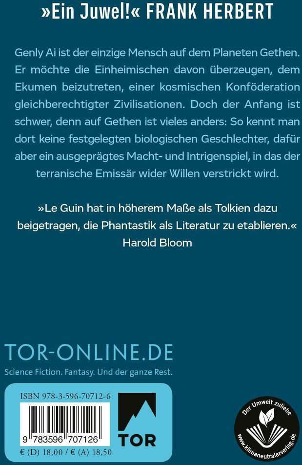 Buchcover von 'Die linke Hand der Dunkelheit' von Ursula K. Le Guin. Das Cover ist blau mit einer kurzen Zusammenfassung des Inhalts und Zitaten von FRANK HERBERT und Harold Bloom in weißer Schrift.