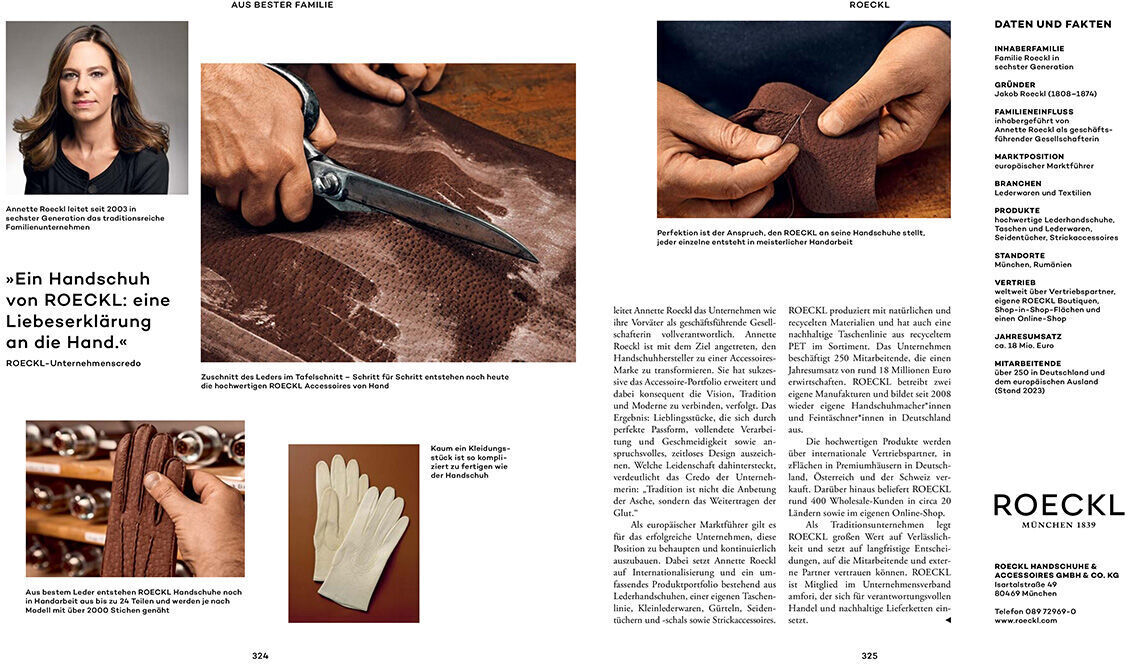 Seiten aus dem Buch »Aus bester Familie«, das eine Familientradition und die Kunst der Handschuhherstellung zeigt. Enthält Bilder von Handschuhen, Handarbeit und historischen Texten.