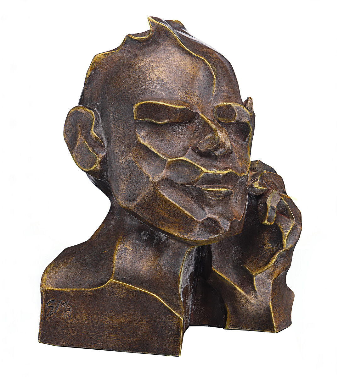 Die Skulptur »Der Denker« von Margot Stöckl zeigt eine stilisierte Büste mit kantigen, facettierten Flächen und nachdenklicher Pose. Gefertigt aus Kunstbronze, limitiert, mit sichtbar strukturierter Oberfläche, ideal für Kunstinteressierte und als exklusives Dekorationsobjekt.