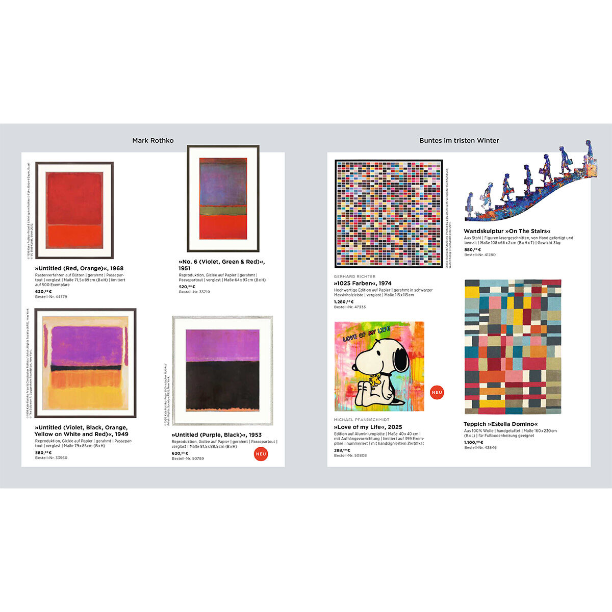 Doppelseitige Katalogabbildung mit modernen und abstrakten Gemälden, darunter Werke von Mark Rothko und anderen Künstlern. Farbige geometrische Muster, klare Farbflächen und ein Snoopy-Porträt prägen das Layout. Die Seiten sind schlicht grau hinterlegt, mit klaren Beschriftungen zu jedem Kunstwerk.