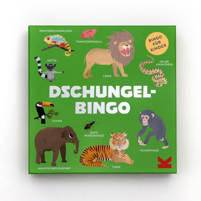 Das Bild zeigt das Spiel 'Dschungel-Bingo', eine grüne Box mit verschiedenen Tierillustrationen wie Löwe, Tiger, Elefant, Tukan und Affe. Das Spiel ist für Kinder geeignet.