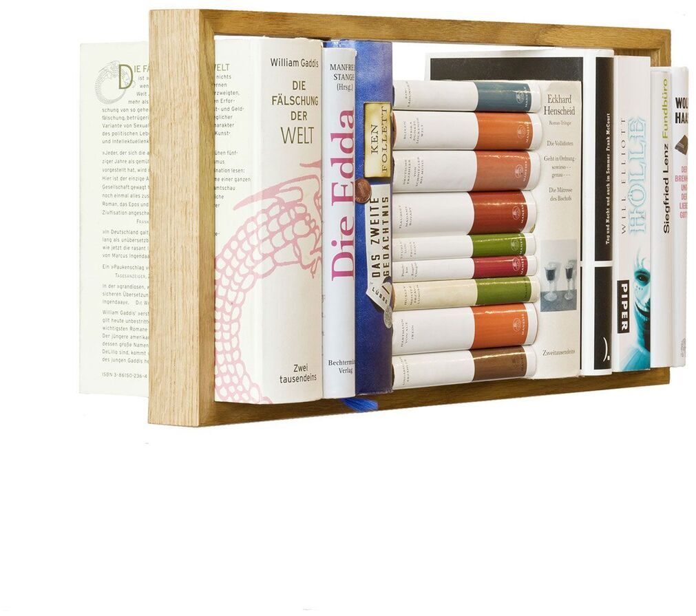 Ein modernes Wandregal aus Holz mit verschiedenen Büchern in hellem Design. Ideal zur Aufbewahrung und Dekoration an der Wand.