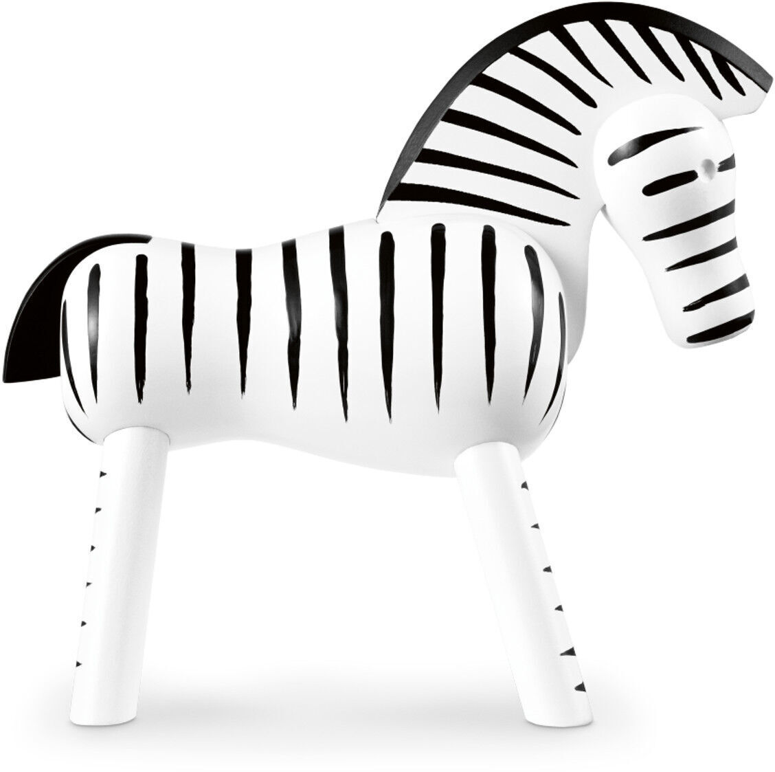 Eine handgefertigte Holzfigur in Form eines Zebras von Kay Bojesen. Die Figur ist weiß mit schwarzen Streifen und hat ein minimalistisches, modernes Design.