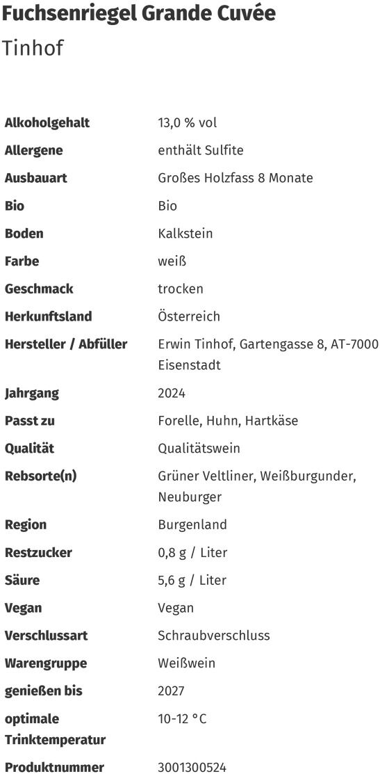 Die Abbildung zeigt eine detaillierte Produktbeschreibung der Fuchsenriegel Grande Cuvée vom Weingut Tinhof. Angaben wie Alkoholgehalt, Ausbauart, Bio-Zertifizierung, Bodenart, Jahrgang, empfohlene Speisen, Rebsorten und weitere technische Details sind in klarer Listenform dargestellt.