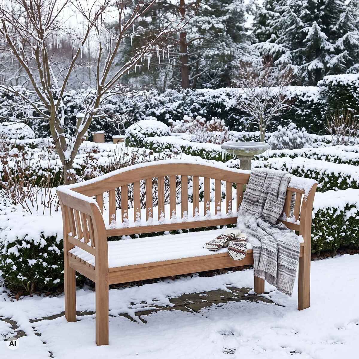 Im Bild steht eine Teak-Freisenbank »Wave« der Marke bene living im schneebedeckten Garten. Die Bank aus hellem Holz hat eine ergonomische Wellenform, darauf liegen eine graue Decke und Handschuhe. Bäume und Sträucher sind mit Schnee bedeckt.