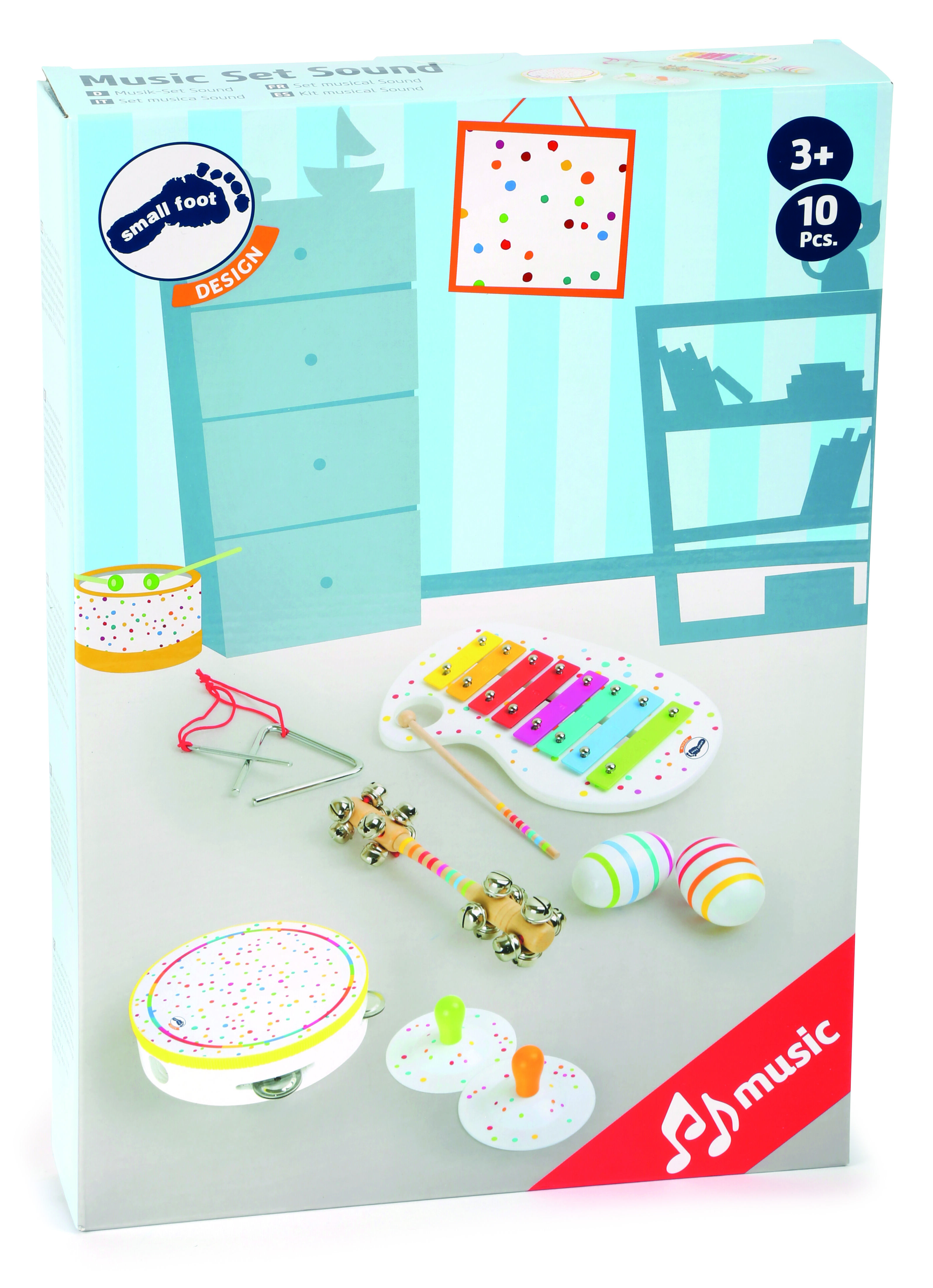 Abgebildet ist ein Musik-Set für Kinder, bestehend aus mehreren Percussion-Instrumenten wie Xylophon, Tamburin, Rassel und Maracas. Das Set ist bunt gestaltet und in einer Verpackung mit verspieltem Punktedesign präsentiert. Geeignet für Kinder ab drei Jahren.