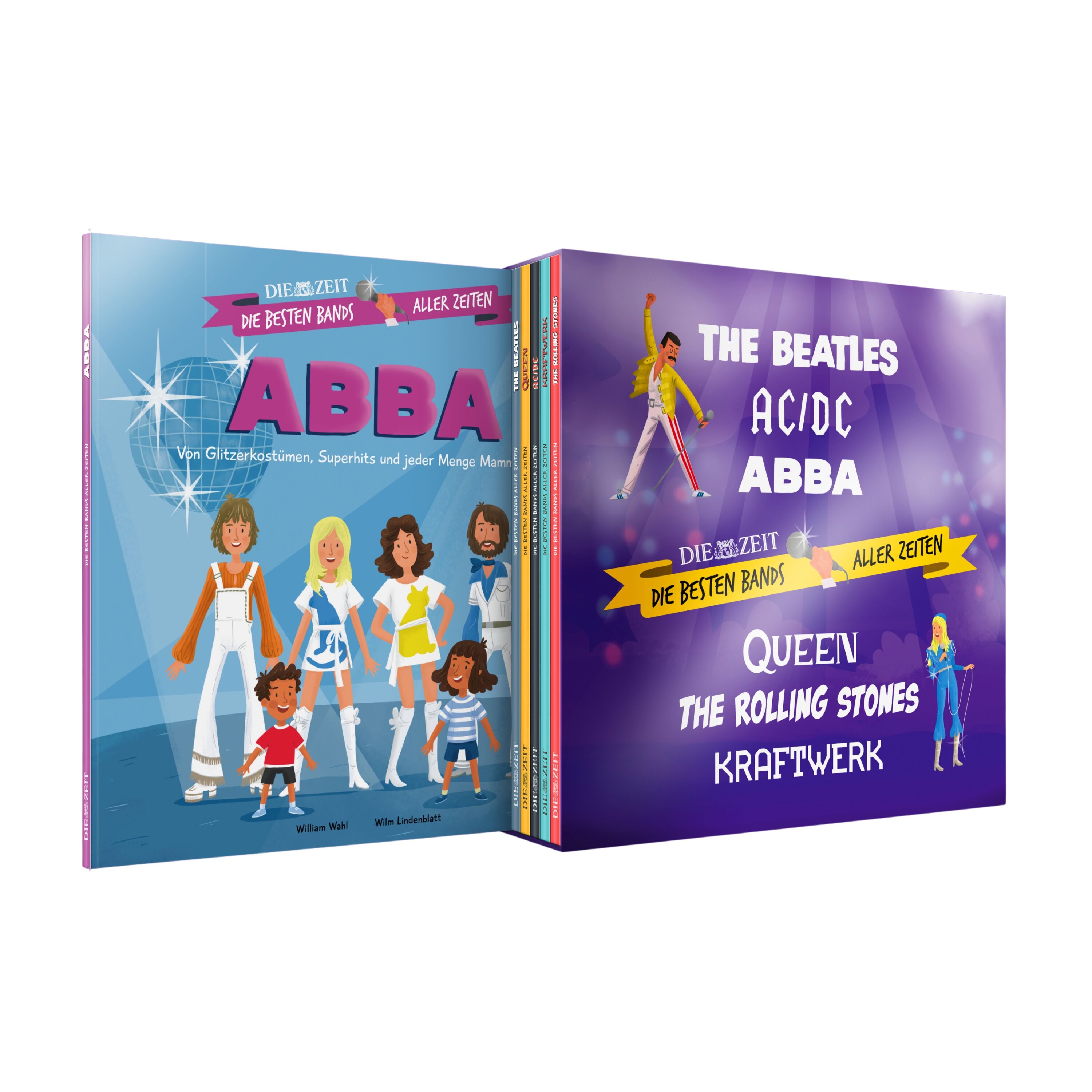 Mehrbändige Buchreihe zur ZEIT-Edition »Die besten Bands aller Zeiten«, mit bunt illustrierten Buchcovern berühmter Musikgruppen wie ABBA, The Beatles und Queen. Die Bücher stehen leicht aufgefächert nebeneinander, sodass die bunten Front- und Rückseiten gut sichtbar sind. Perfekt als Geschenk für musikbegeisterte Kinder und Familien.