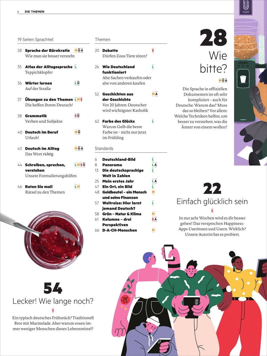 Cover des 'Deutsch Perfekt Magazin' Mai 2025, mit thematischen Schwerpunkten, auffälliger Grafik von Menschen, die Smartphones benutzen, und einem Glas roter Marmelade.
