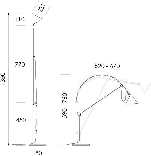 Eine technische Zeichnung der Tischlampe »AYNO« Silk, die detaillierte Abmessungen und ein verstellbares Design zeigt, mit einer skandinavisch-minimalistischen Ästhetik.
