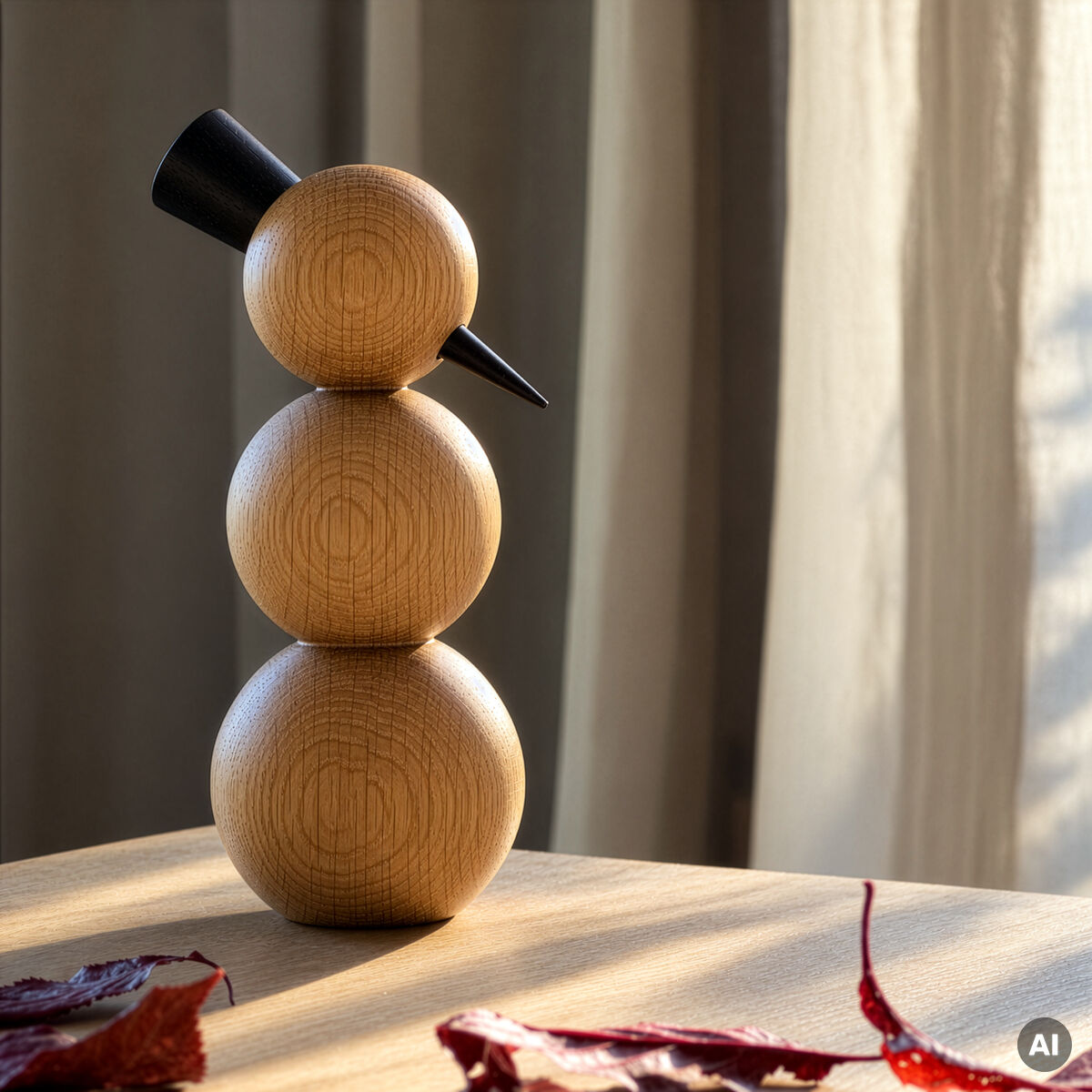 Minimalistische Schneemann-Holzfigur aus drei übereinander gesetzten, gedrechselten Kugeln aus warmem Eschenholz. Ein schwarzer Zylinder und eine lange schwarze, kegelförmige Nase bilden das Gesicht. Sie steht auf einem sonnigen Holztisch vor beigefarbenen Vorhängen; rote Herbstblätter liegen im Vordergrund.