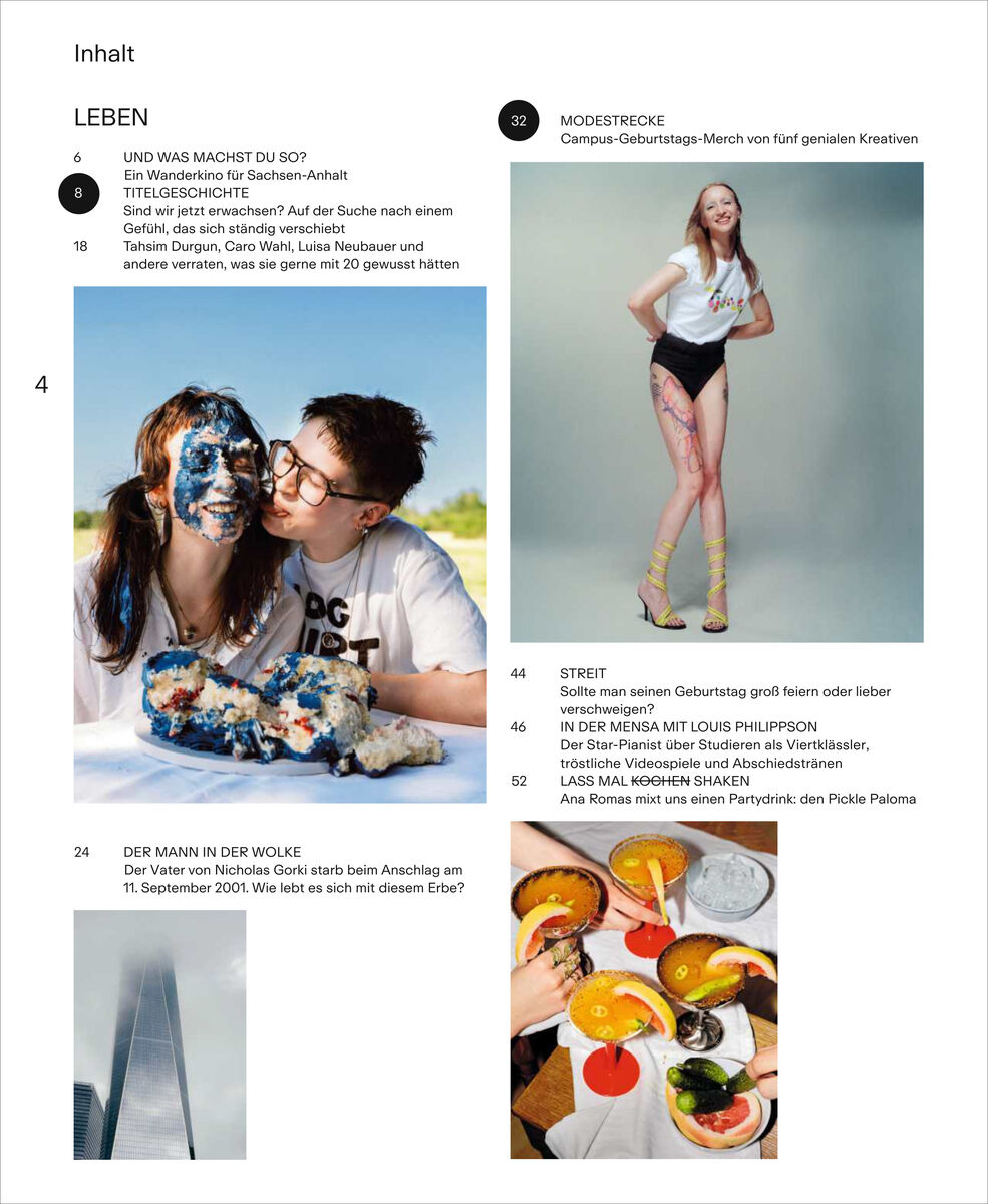 Seite aus dem ZEIT CAMPUS Magazin mit Inhaltsverzeichnis: Zwei junge Menschen, einer verschmiert mit Kuchen, posen lachend; eine Frau in lässigem Outfit mit Tattoos steht selbstbewusst; darunter Frühstücksteller mit Brötchen, Obst und Kaffee; oben strukturierter Text zu Themen des Hefts.