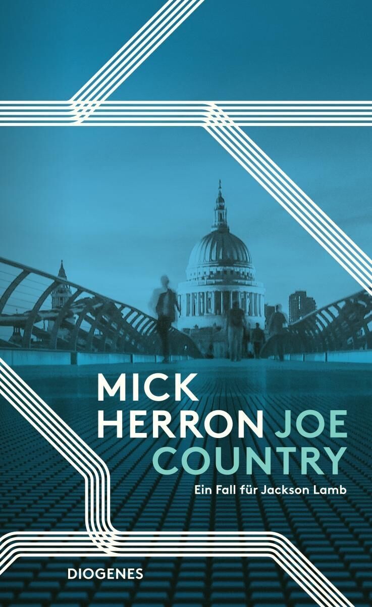 Buchcover von 'Joe Country' von Mick Herron. Das Cover zeigt die Silhouette von St. Paul's Cathedral und eine Brücke in London vor einem blauen Hintergrund mit weißen, geometrischen Linien. Titel und Autor sind in weißen und türkisen Buchstaben geschrieben.