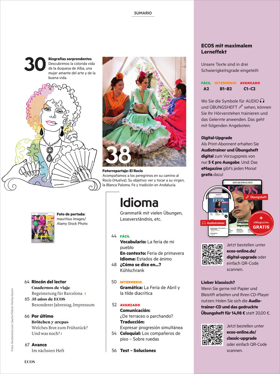 Detailreiche Magazinseite des Ecos Magazins 6/2026 mit Inhaltsübersicht und Illustrationen: Links oben eine stilisierte Zeichnung einer Frau mit Fächer, darunter Farbfoto von Flamenco-Tänzerinnen in bunten Kleidern. Rechts Informationen zu Lerninhalten und Abo-Angeboten.