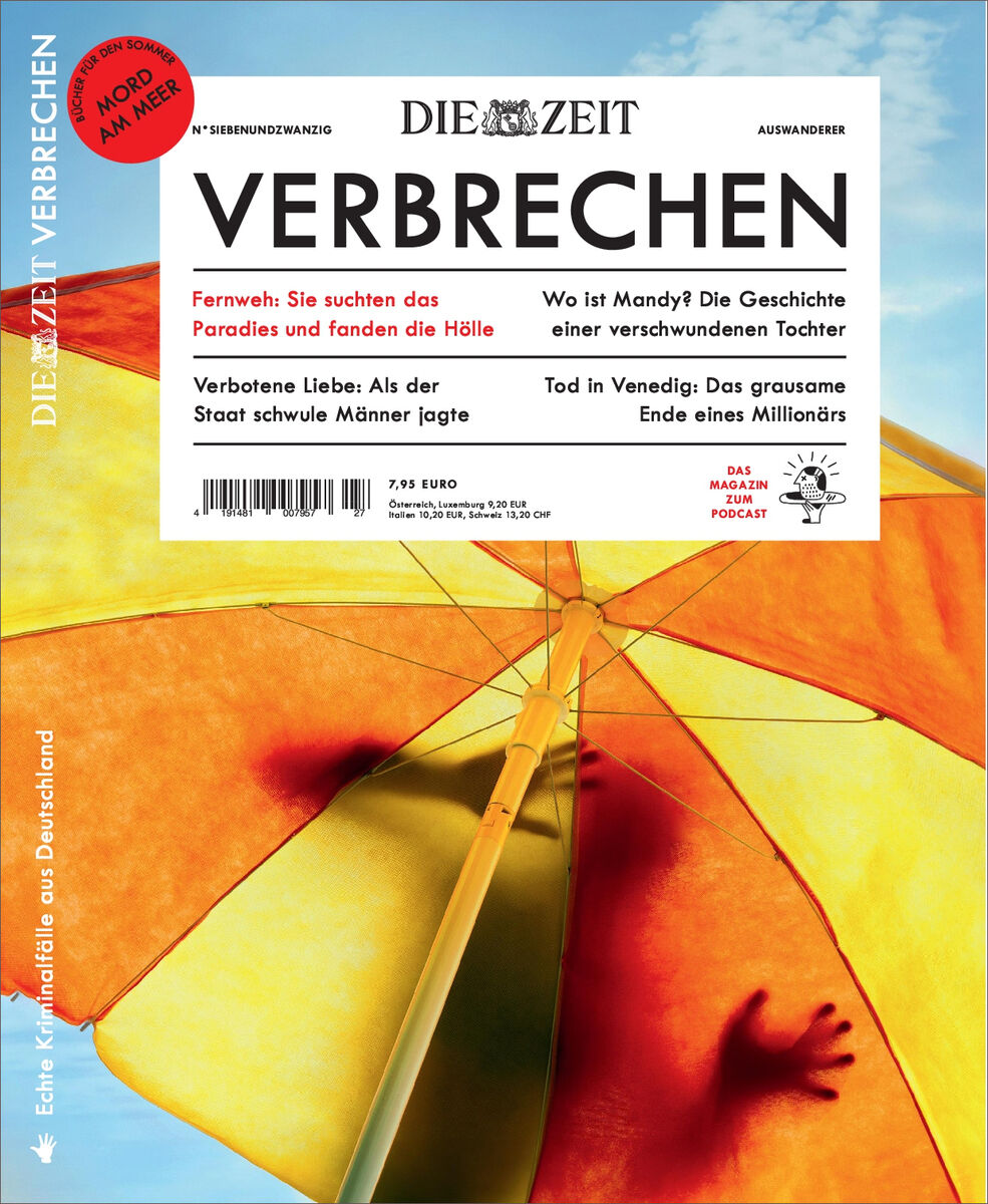 Cover der Zeitschrift ZEIT Verbrechen 27/24. Oben steht 'Die Zeit Verbrechen' mit dem Slogan 'Mord am Meer'. Im Hintergrund sieht man einen Sonnenschirm in Gelb- und Orangetönen und einen blauen Himmel. Verschiedene Artikel sind aufgelistet, darunter über das Verschwinden einer Tochter und einen Mord in Venedig. Preis von 7,95 Euro.