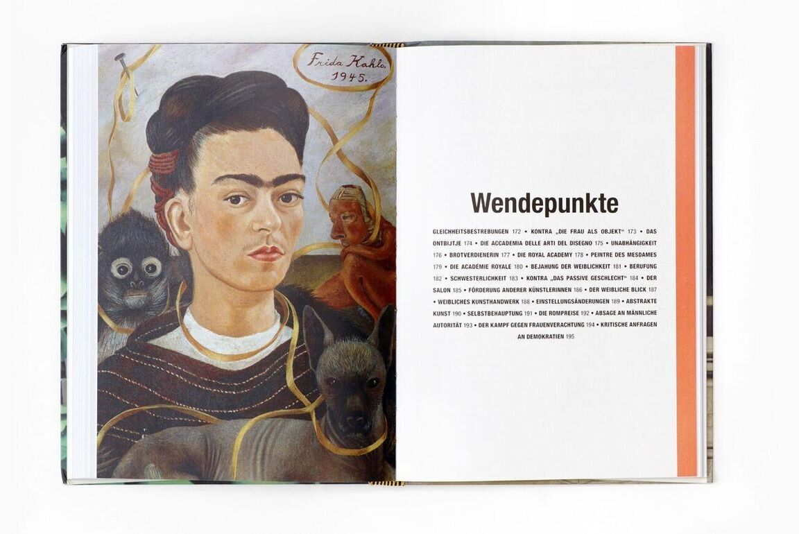 Offenes Buch mit einem Porträt von Frida Kahlo auf der linken Seite und einem deutschsprachigen Text mit dem Titel 'Wendepunkte' auf der rechten Seite. Frida Kahlo trägt traditionelle Kleidung, und im Hintergrund sind Affen zu sehen. Der Text auf der rechten Seite ist in schwarzem Schriftstand und wird von einem orangen Streifen rechts flankiert.