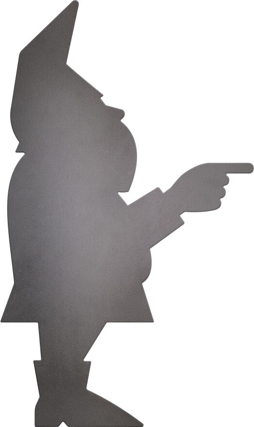 Silhouette eines Gartenzwerges aus Metall, der nach rechts zeigt. Der Zwerg hat einen spitzen Hut und einen Bart.