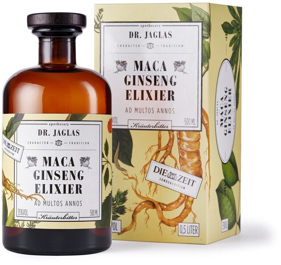 Die ZEIT-Sonderedition »Maca Ginseng-Elixier« von Dr. Jaglas ist eine stilvolle 500-ml-Flasche mit einem Kräuterbitter, der auf natürliche Zutaten wie Maca und Ginseng setzt. Die braune Glasflasche ist etikettiert und neben einer attraktiven, natürlichen Verpackung platziert, die botanische Illustrationen zeigt.
