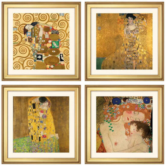 Ein Set aus vier gerahmten Kunstwerken von Gustav Klimt, die verschiedene Frauenbilder zeigen. Die Bilder sind reich an goldenen und bunten Verzierungen, typisch für den Symbolismus und Jugendstil.