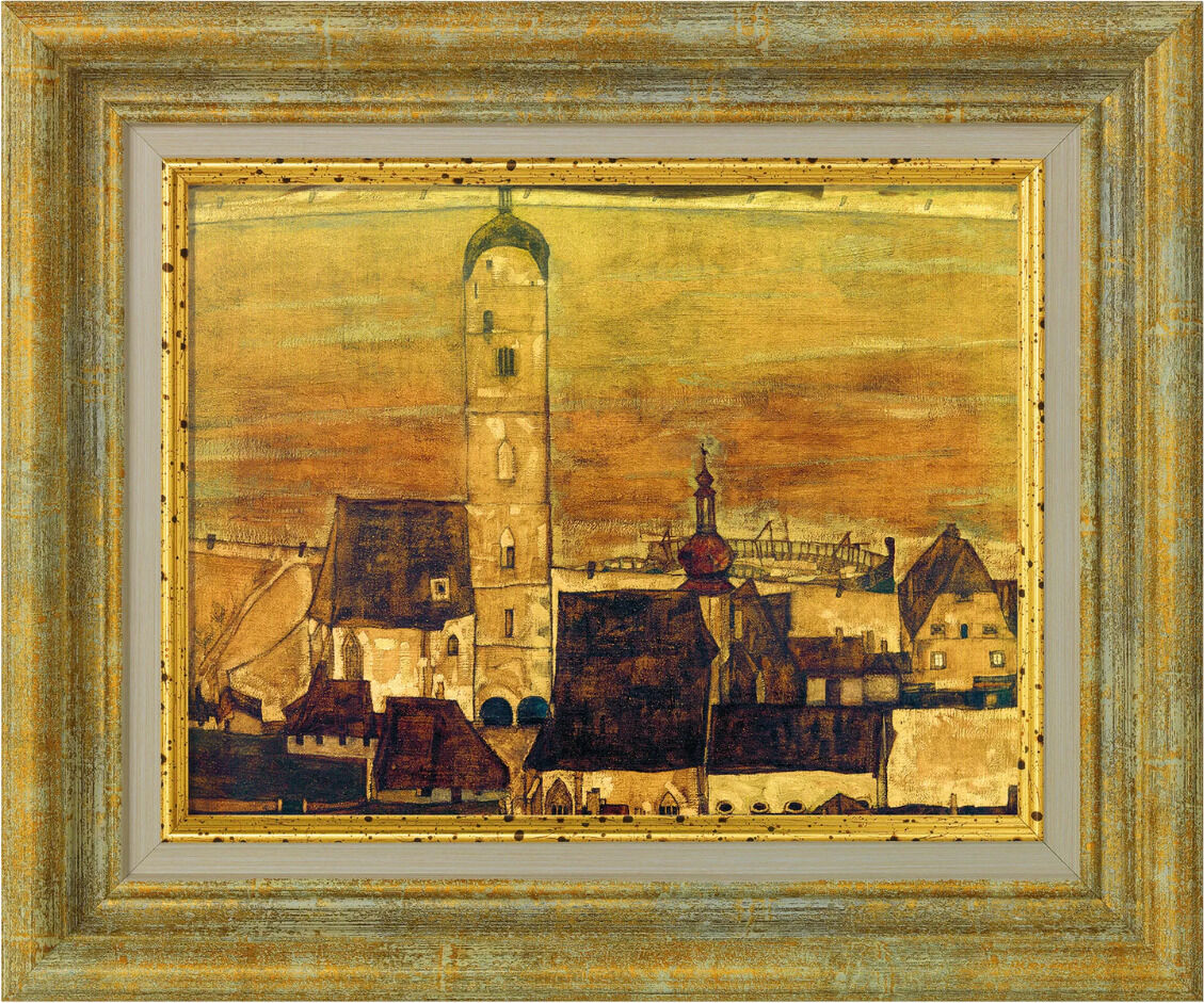 Das Gemälde „Stadt Stein“ von Egon Schiele aus dem Jahr 1913 zeigt eine Stadtlandschaft mit historischen Gebäuden und einem markanten Turm. Die Farbpalette dominiert mit Brauntönen, Gelb, Rot und Beige. Der Rahmen des Bildes ist im Antikstil gehalten.