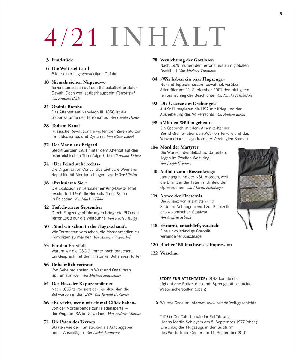 Das Bild zeigt das Inhaltsverzeichnis der Zeitschrift 'ZEIT GESCHICHTE 4/21' mit dem Titelthema Terrorismus in weißem Hintergrund, rotem Text und schwarzen Hervorhebungen.