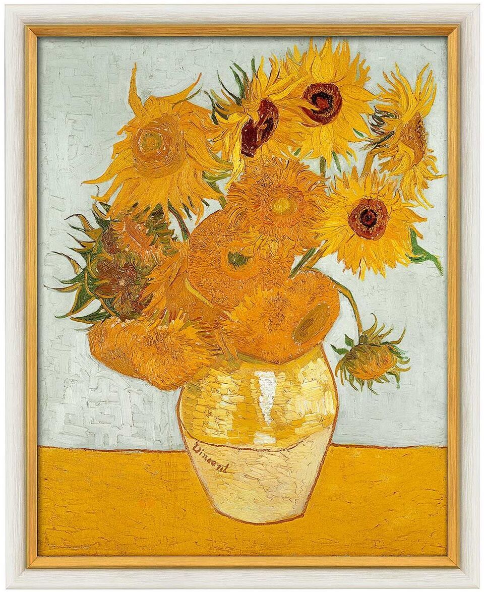 Ein Gemälde von Vincent van Gogh zeigt zwölf Sonnenblumen in einer gelben Vase. Die dominierenden Farben sind Gelb, Braun und Grün, auf einem blauen Hintergrund mit einem beigen Tisch.